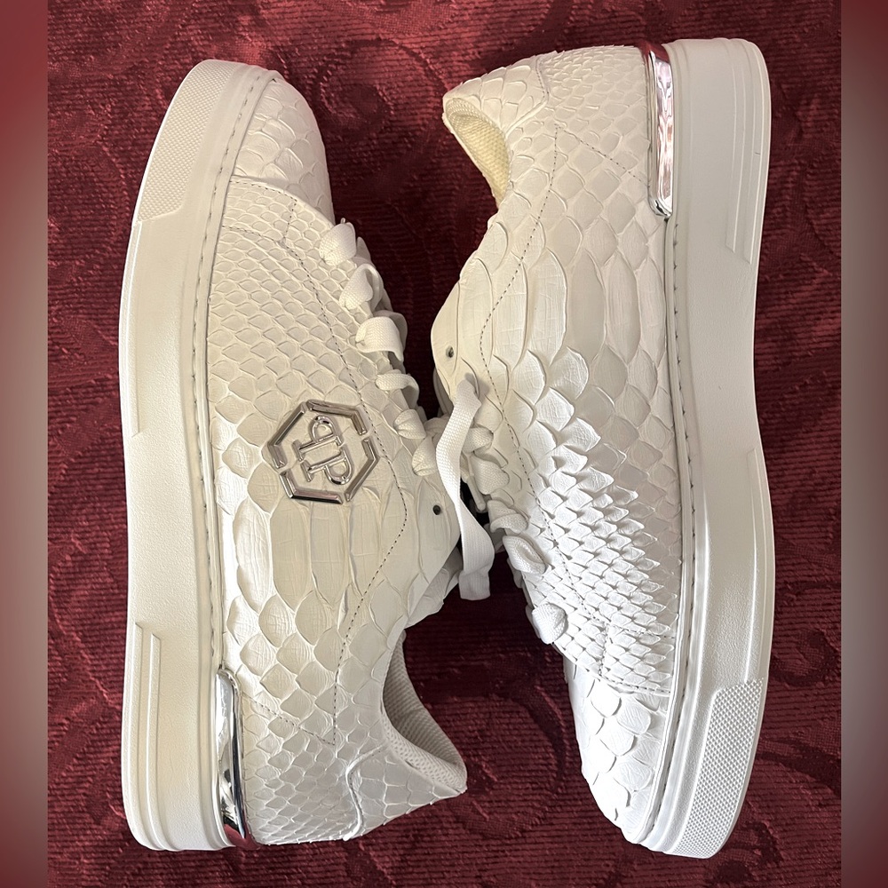 Philipp Plein White Snake-Embossed Lace-Up Sneakers with Silver Accents